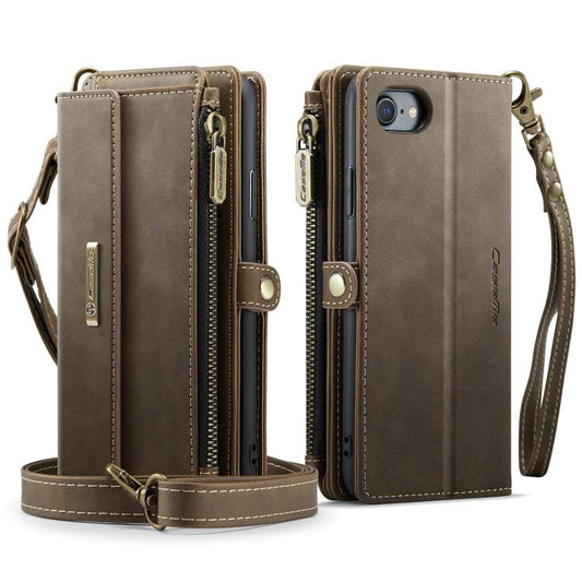 For iPhone 7 / 8 / SE 2022 CaseMe C39 RFID Blocking Zipper Wallet Leather Phone Case with Crossbody Strap(Coffee) - iPhone SE 2022 / 2020 / 8 / 7 Cases by CaseMe | Online Shopping UK | buy2fix