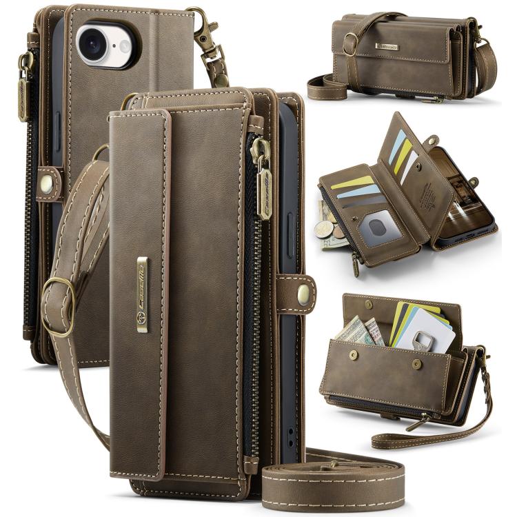 For iPhone 16e CaseMe C39 RFID Blocking Zipper Wallet Leather Phone Case with Crossbody Strap(Coffee) - iPhone 16e Cases by CaseMe | Online Shopping UK | buy2fix