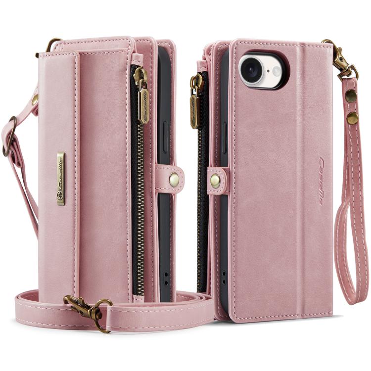For iPhone 16e CaseMe C39 RFID Blocking Zipper Wallet Leather Phone Case with Crossbody Strap(Pink) - iPhone 16e Cases by CaseMe | Online Shopping UK | buy2fix