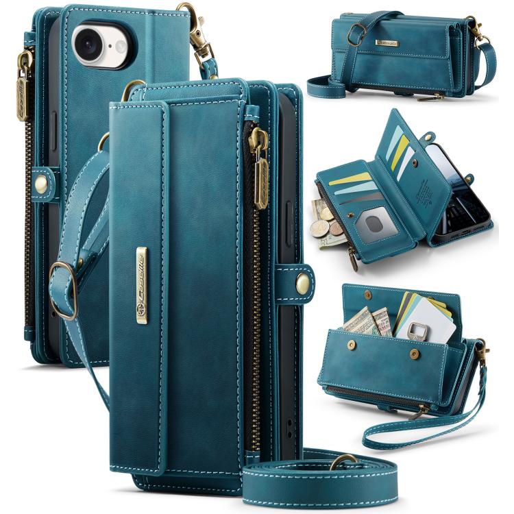 For iPhone 16e CaseMe C39 RFID Blocking Zipper Wallet Leather Phone Case with Crossbody Strap(Green) - iPhone 16e Cases by CaseMe | Online Shopping UK | buy2fix