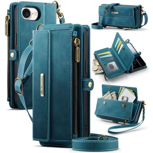 For iPhone 16e CaseMe C39 RFID Blocking Zipper Wallet Leather Phone Case with Crossbody Strap(Green) - iPhone 16e Cases by CaseMe | Online Shopping UK | buy2fix