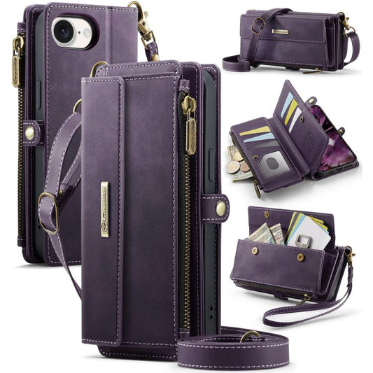 For iPhone 16e CaseMe C39 RFID Blocking Zipper Wallet Leather Phone Case with Crossbody Strap(Purple) - iPhone 16e Cases by CaseMe | Online Shopping UK | buy2fix