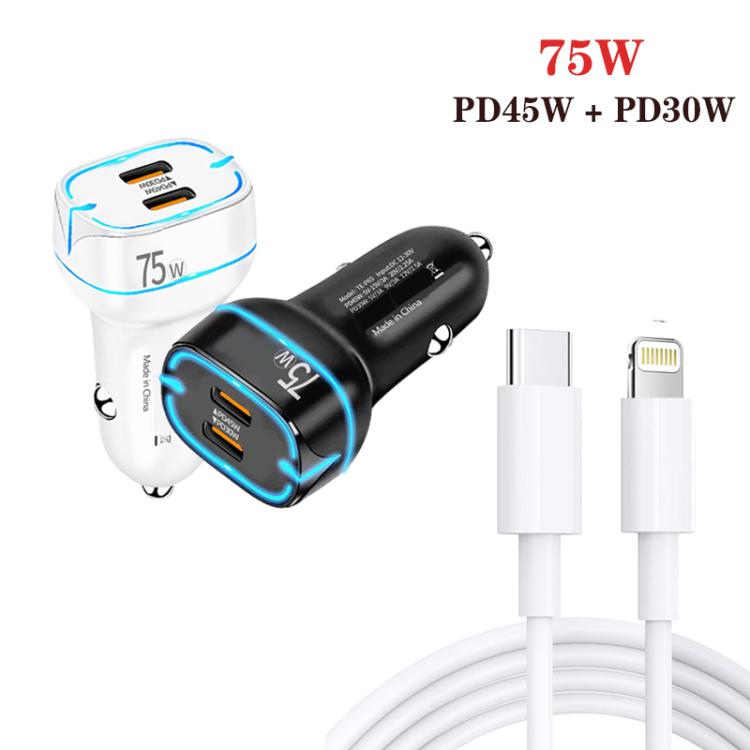 PD45W + PD30W Dual Port Type-C Car Charger with USB-C to 8 Pin Data Cable(Black) - Car Charger by buy2fix | Online Shopping UK | buy2fix