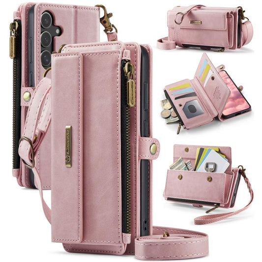 For Samsung Galaxy S25 / S24 5G CaseMe C39 RFID Blocking Zipper Wallet Leather Phone Case with Crossbody Strap(Pink) - Galaxy S25 5G Cases by CaseMe | Online Shopping UK | buy2fix
