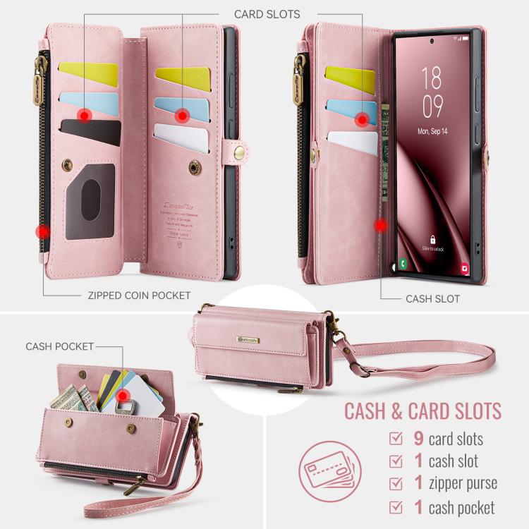 For Samsung Galaxy S25 Ultra 5G CaseMe C39 RFID Blocking Zipper Wallet Leather Phone Case with Crossbody Strap(Pink) - Galaxy S25 Ultra 5G Cases by CaseMe | Online Shopping UK | buy2fix