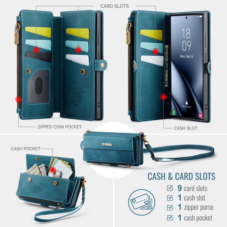 For Samsung Galaxy S25 Ultra 5G CaseMe C39 RFID Blocking Zipper Wallet Leather Phone Case with Crossbody Strap(Green) - Galaxy S25 Ultra 5G Cases by CaseMe | Online Shopping UK | buy2fix