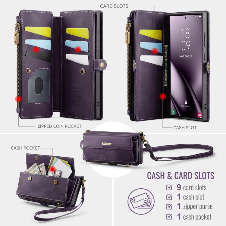 For Samsung Galaxy S24 Ultra 5G CaseMe C39 RFID Blocking Zipper Wallet Leather Phone Case with Crossbody Strap(Purple) - Galaxy S24 Ultra 5G Cases by CaseMe | Online Shopping UK | buy2fix