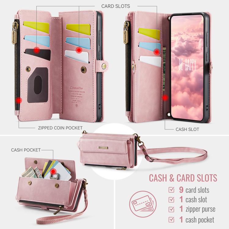 For Samsung Galaxy S23+ 5G CaseMe C39 RFID Blocking Zipper Wallet Leather Phone Case with Crossbody Strap(Pink) - Galaxy S23+ 5G Cases by CaseMe | Online Shopping UK | buy2fix
