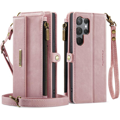 For Samsung Galaxy S23 Ultra 5G CaseMe C39 RFID Blocking Zipper Wallet Leather Phone Case with Crossbody Strap(Pink) - Galaxy Phone Cases by CaseMe | Online Shopping UK | buy2fix
