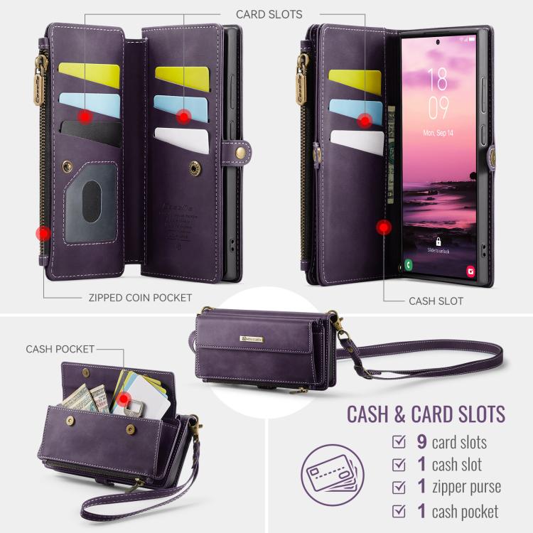 For Samsung Galaxy S23 Ultra 5G CaseMe C39 RFID Blocking Zipper Wallet Leather Phone Case with Crossbody Strap(Purple) - Galaxy Phone Cases by CaseMe | Online Shopping UK | buy2fix