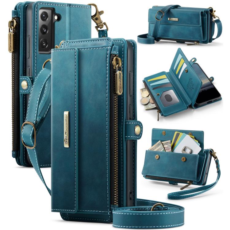 For Samsung Galaxy S22 5G CaseMe C39 RFID Blocking Zipper Wallet Leather Phone Case with Crossbody Strap(Green) - Galaxy S22 5G Cases by CaseMe | Online Shopping UK | buy2fix