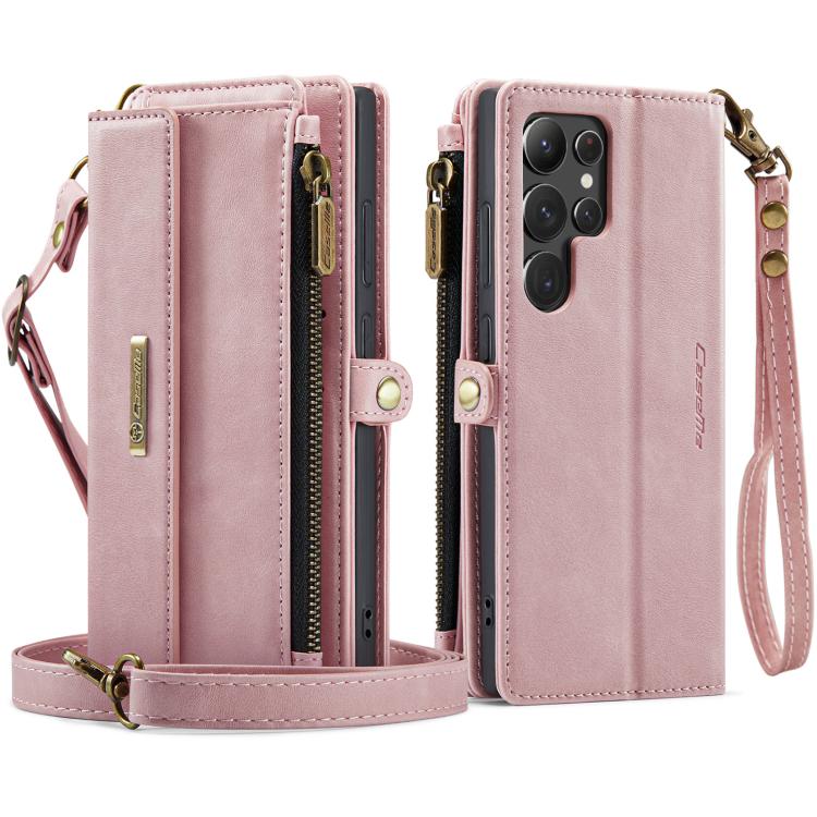 For Samsung Galaxy S22 Ultra 5G CaseMe C39 RFID Blocking Zipper Wallet Leather Phone Case with Crossbody Strap(Pink) - Galaxy Phone Cases by CaseMe | Online Shopping UK | buy2fix