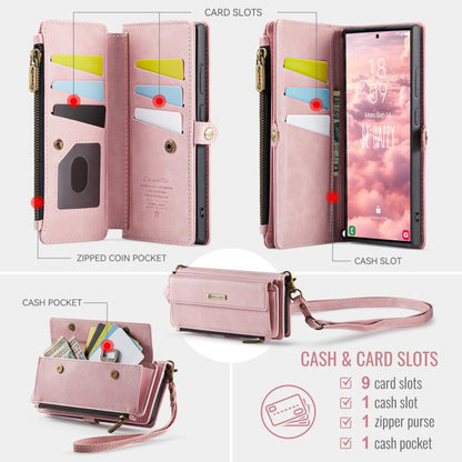 For Samsung Galaxy S22 Ultra 5G CaseMe C39 RFID Blocking Zipper Wallet Leather Phone Case with Crossbody Strap(Pink) - Galaxy Phone Cases by CaseMe | Online Shopping UK | buy2fix