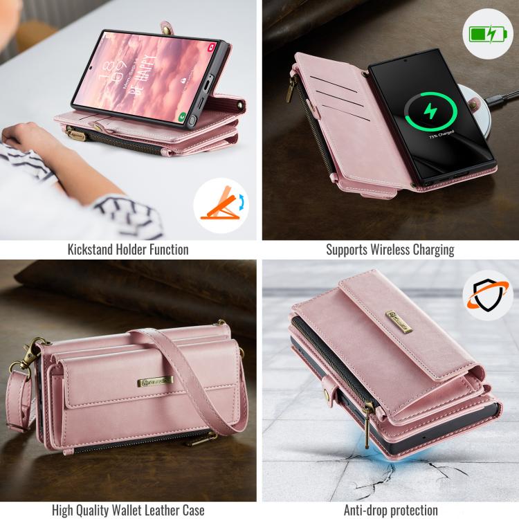 For Samsung Galaxy S22 Ultra 5G CaseMe C39 RFID Blocking Zipper Wallet Leather Phone Case with Crossbody Strap(Pink) - Galaxy Phone Cases by CaseMe | Online Shopping UK | buy2fix