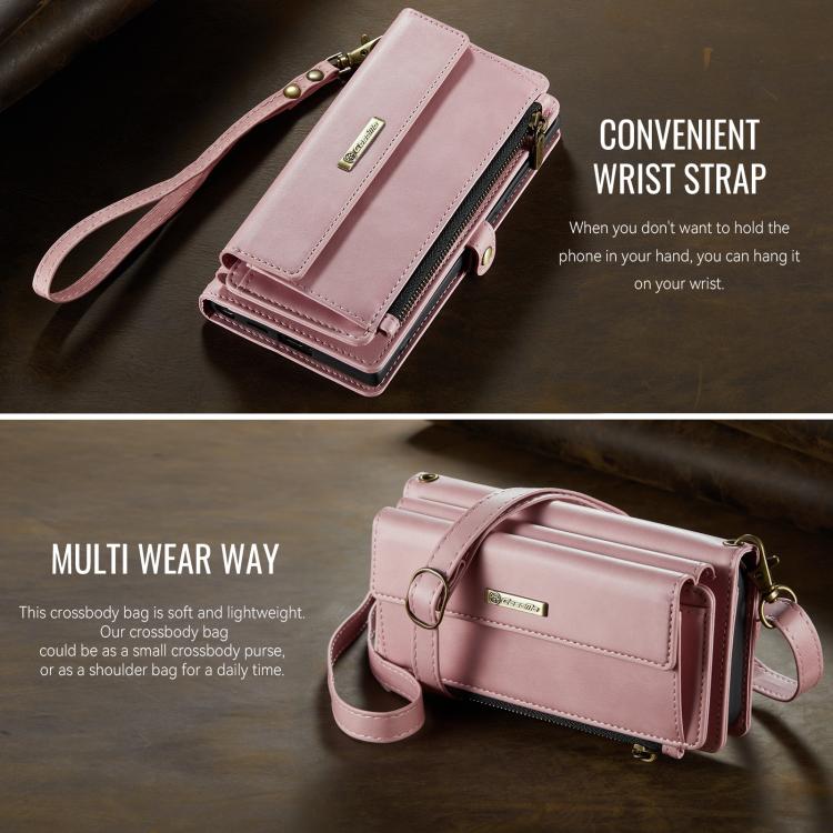 For Samsung Galaxy S22 Ultra 5G CaseMe C39 RFID Blocking Zipper Wallet Leather Phone Case with Crossbody Strap(Pink) - Galaxy Phone Cases by CaseMe | Online Shopping UK | buy2fix