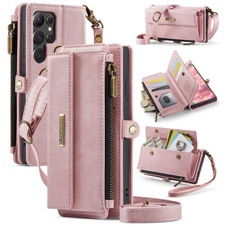 For Samsung Galaxy S22 Ultra 5G CaseMe C39 RFID Blocking Zipper Wallet Leather Phone Case with Crossbody Strap(Pink) - Galaxy Phone Cases by CaseMe | Online Shopping UK | buy2fix