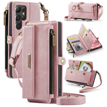 For Samsung Galaxy S22 Ultra 5G CaseMe C39 RFID Blocking Zipper Wallet Leather Phone Case with Crossbody Strap(Pink) - Galaxy Phone Cases by CaseMe | Online Shopping UK | buy2fix