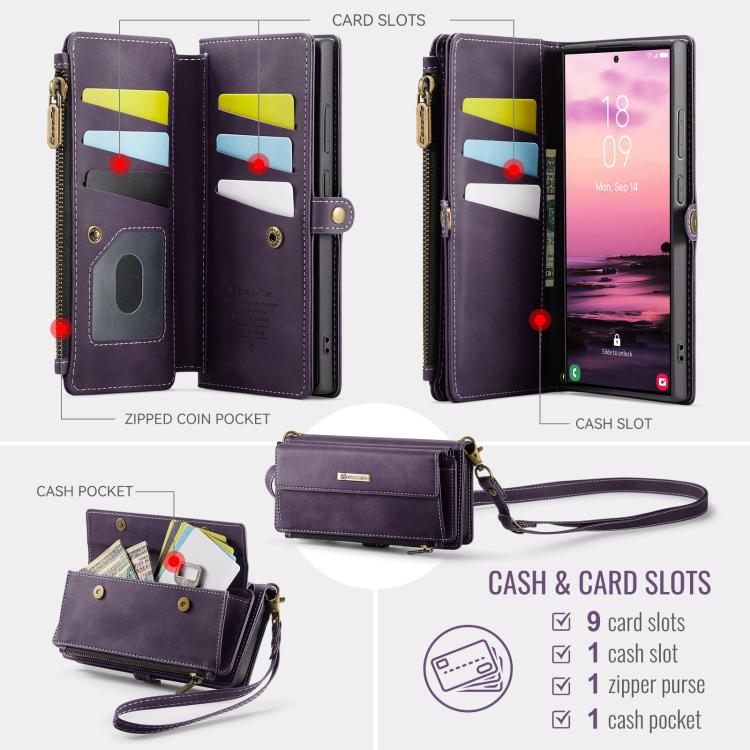 For Samsung Galaxy S22 Ultra 5G CaseMe C39 RFID Blocking Zipper Wallet Leather Phone Case with Crossbody Strap(Purple) - Galaxy Phone Cases by CaseMe | Online Shopping UK | buy2fix