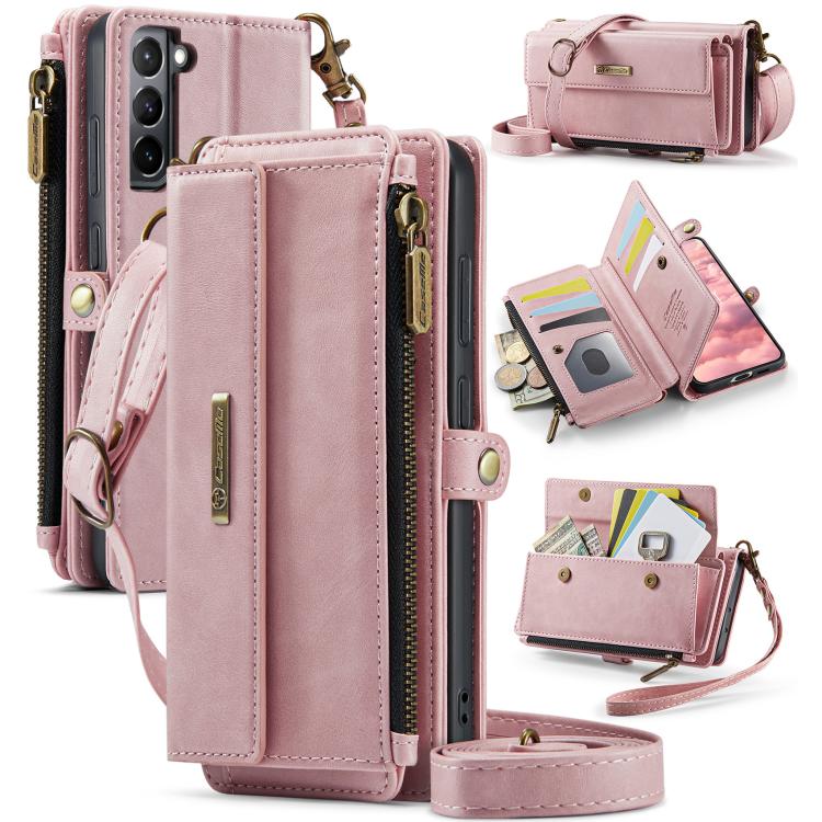 For Samsung Galaxy S21 5G CaseMe C39 RFID Blocking Zipper Wallet Leather Phone Case with Crossbody Strap(Pink) - Galaxy Phone Cases by CaseMe | Online Shopping UK | buy2fix