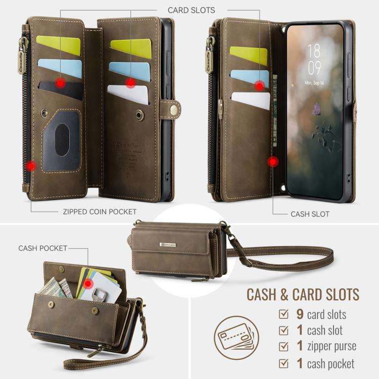 For Samsung Galaxy S21 FE 5G CaseMe C39 RFID Blocking Zipper Wallet Leather Phone Case with Crossbody Strap(Coffee) - Galaxy Phone Cases by CaseMe | Online Shopping UK | buy2fix