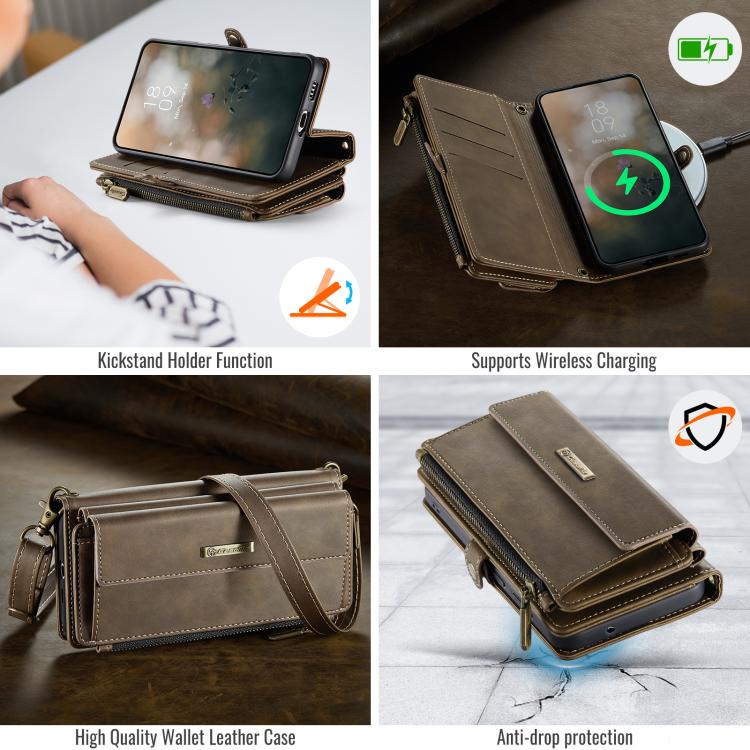 For Samsung Galaxy S21 FE 5G CaseMe C39 RFID Blocking Zipper Wallet Leather Phone Case with Crossbody Strap(Coffee) - Galaxy Phone Cases by CaseMe | Online Shopping UK | buy2fix