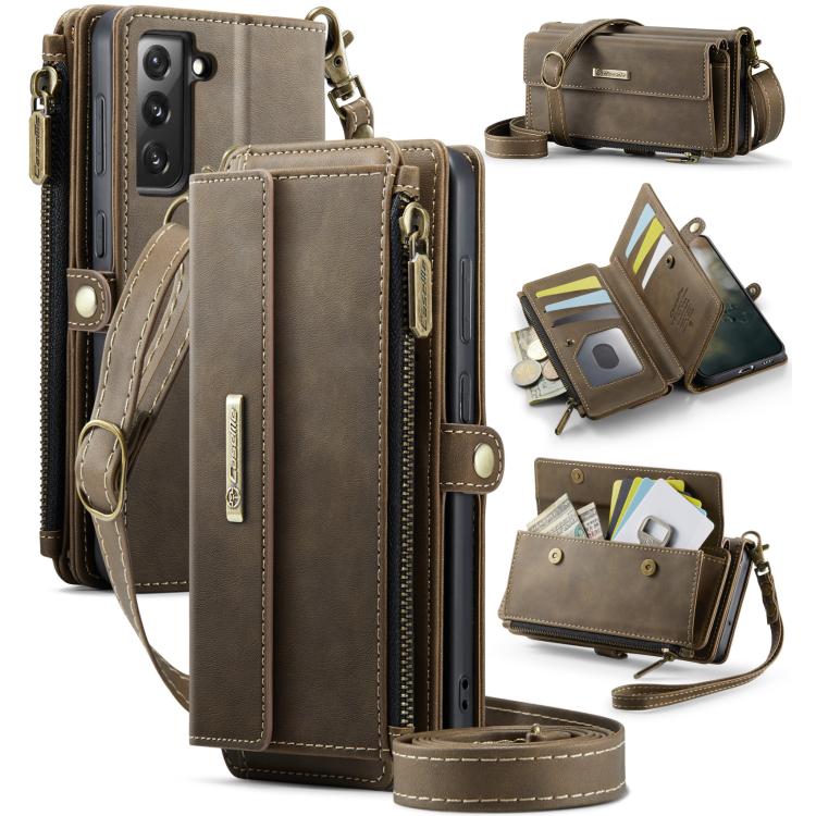 For Samsung Galaxy S21 FE 5G CaseMe C39 RFID Blocking Zipper Wallet Leather Phone Case with Crossbody Strap(Coffee) - Galaxy Phone Cases by CaseMe | Online Shopping UK | buy2fix