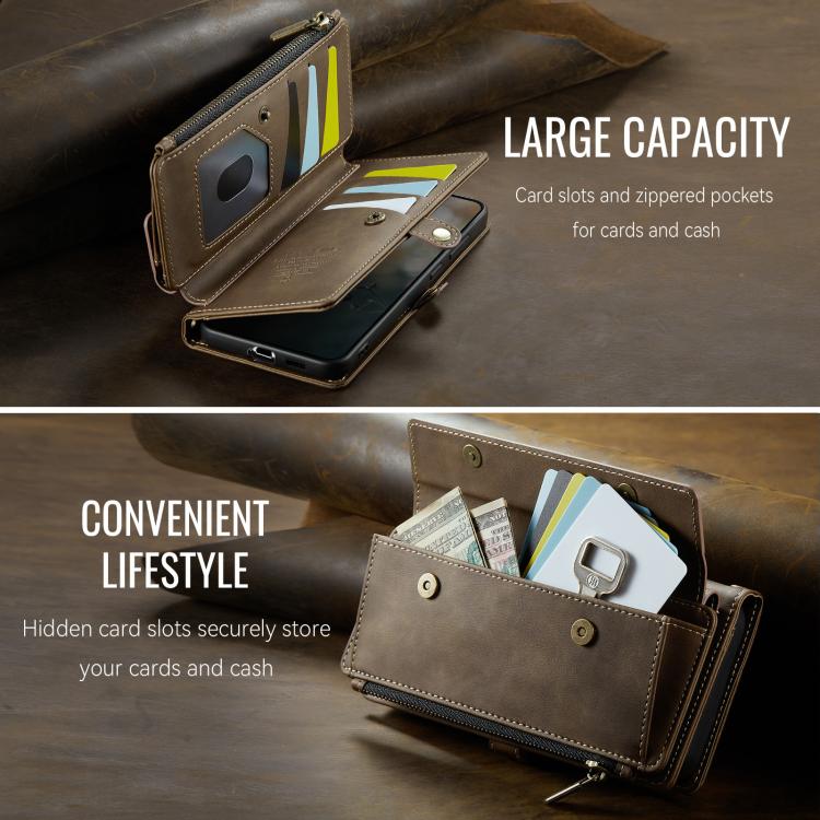 For Samsung Galaxy S21 FE 5G CaseMe C39 RFID Blocking Zipper Wallet Leather Phone Case with Crossbody Strap(Coffee) - Galaxy Phone Cases by CaseMe | Online Shopping UK | buy2fix