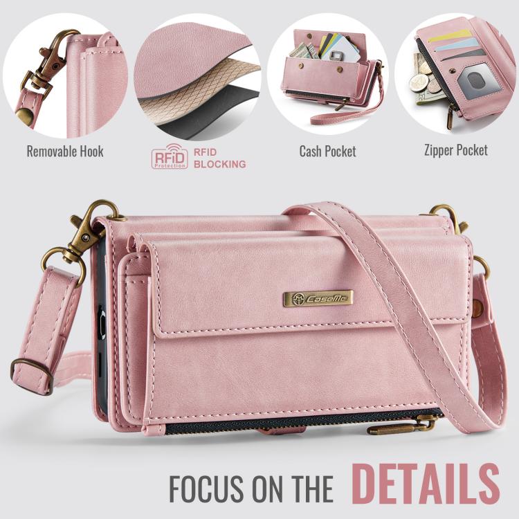 For Samsung Galaxy S21 FE 5G CaseMe C39 RFID Blocking Zipper Wallet Leather Phone Case with Crossbody Strap(Pink) - Galaxy Phone Cases by CaseMe | Online Shopping UK | buy2fix