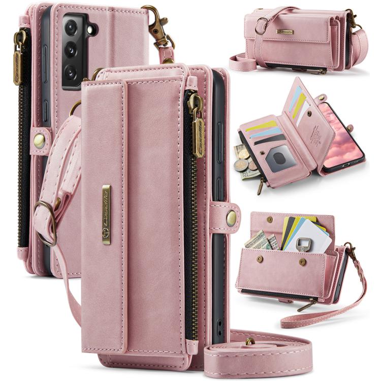 For Samsung Galaxy S21 FE 5G CaseMe C39 RFID Blocking Zipper Wallet Leather Phone Case with Crossbody Strap(Pink) - Galaxy Phone Cases by CaseMe | Online Shopping UK | buy2fix