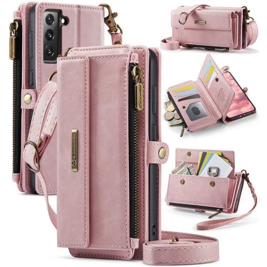 For Samsung Galaxy S21 FE 5G CaseMe C39 RFID Blocking Zipper Wallet Leather Phone Case with Crossbody Strap(Pink) - Galaxy Phone Cases by CaseMe | Online Shopping UK | buy2fix