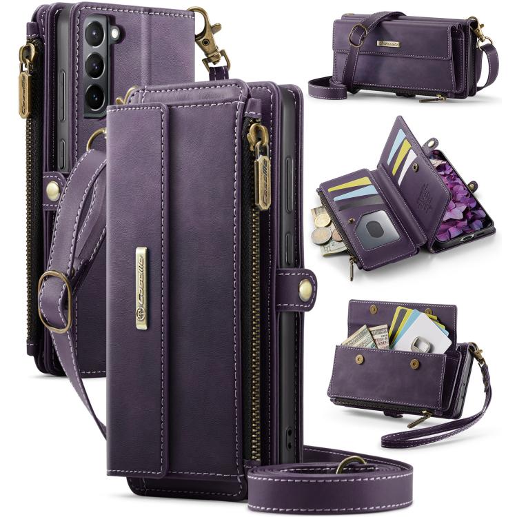 For Samsung Galaxy S21+ 5G CaseMe C39 RFID Blocking Zipper Wallet Leather Phone Case with Crossbody Strap(Purple) - Galaxy Phone Cases by CaseMe | Online Shopping UK | buy2fix