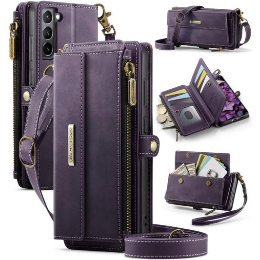 For Samsung Galaxy S21+ 5G CaseMe C39 RFID Blocking Zipper Wallet Leather Phone Case with Crossbody Strap(Purple) - Galaxy Phone Cases by CaseMe | Online Shopping UK | buy2fix