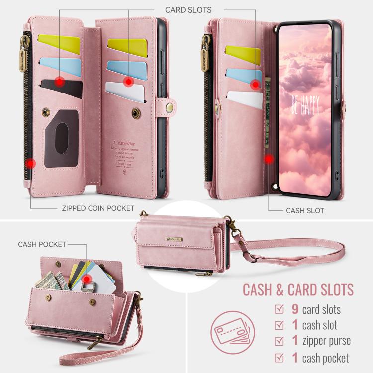 For Samsung Galaxy S21 Ultra 5G CaseMe C39 RFID Blocking Zipper Wallet Leather Phone Case with Crossbody Strap(Pink) - Galaxy Phone Cases by CaseMe | Online Shopping UK | buy2fix