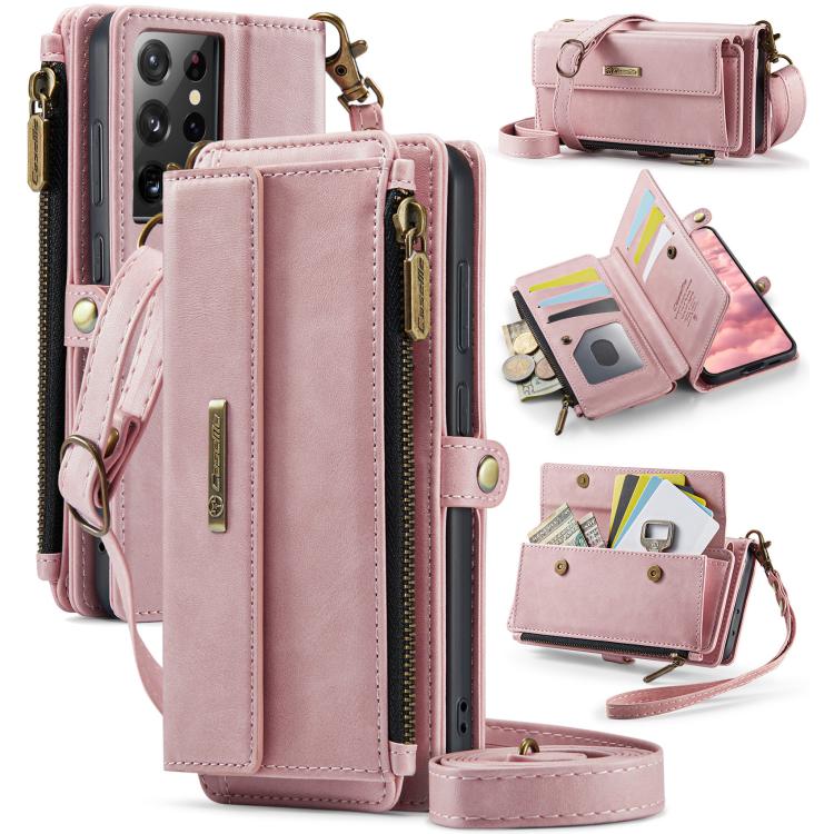 For Samsung Galaxy S21 Ultra 5G CaseMe C39 RFID Blocking Zipper Wallet Leather Phone Case with Crossbody Strap(Pink) - Galaxy Phone Cases by CaseMe | Online Shopping UK | buy2fix
