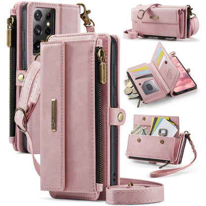 For Samsung Galaxy S21 Ultra 5G CaseMe C39 RFID Blocking Zipper Wallet Leather Phone Case with Crossbody Strap(Pink) - Galaxy Phone Cases by CaseMe | Online Shopping UK | buy2fix