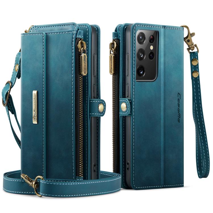 For Samsung Galaxy S21 Ultra 5G CaseMe C39 RFID Blocking Zipper Wallet Leather Phone Case with Crossbody Strap(Green) - Galaxy Phone Cases by CaseMe | Online Shopping UK | buy2fix