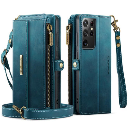 For Samsung Galaxy S21 Ultra 5G CaseMe C39 RFID Blocking Zipper Wallet Leather Phone Case with Crossbody Strap(Green) - Galaxy Phone Cases by CaseMe | Online Shopping UK | buy2fix
