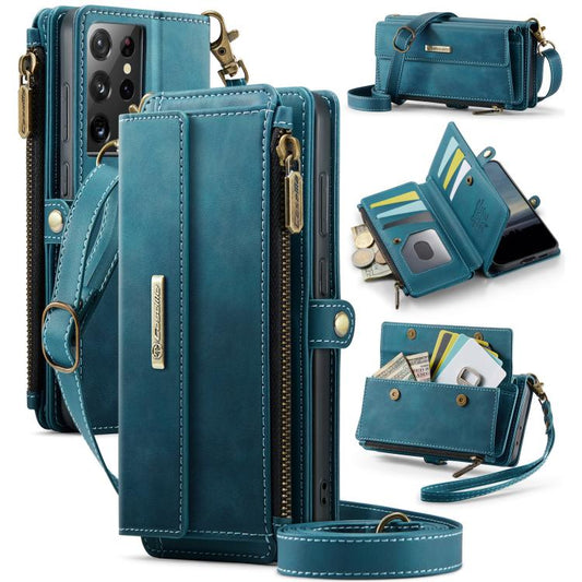 For Samsung Galaxy S21 Ultra 5G CaseMe C39 RFID Blocking Zipper Wallet Leather Phone Case with Crossbody Strap(Green) - Galaxy Phone Cases by CaseMe | Online Shopping UK | buy2fix