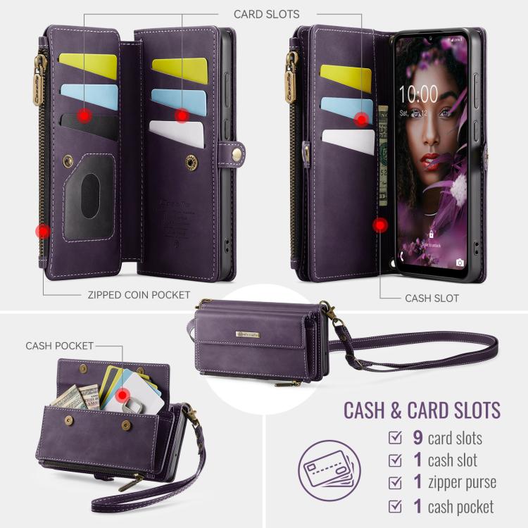 For Samsung Galaxy A52 CaseMe C39 RFID Blocking Zipper Wallet Leather Phone Case with Crossbody Strap(Purple) - Galaxy Phone Cases by CaseMe | Online Shopping UK | buy2fix