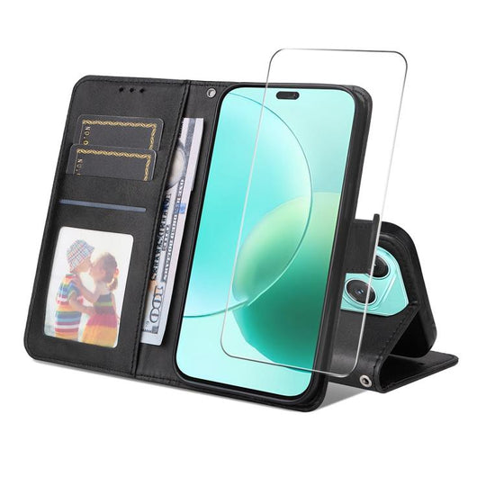 For Honor 400 Lite Global ENKAY Card Wallet Calf Texture Leather Phone Case with Screen Film(Black)