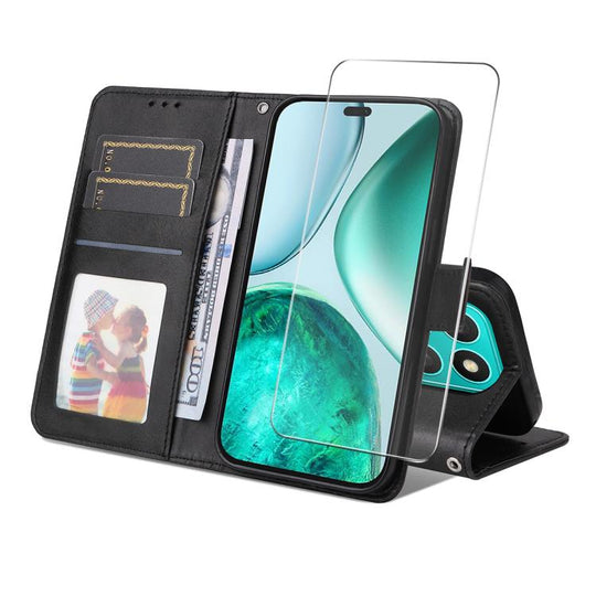 For Honor X8c ENKAY Card Wallet Calf Texture Leather Phone Case with Screen Film(Black)