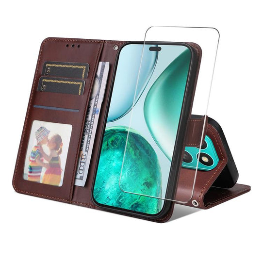 For Honor X8c ENKAY Card Wallet Calf Texture Leather Phone Case with Screen Film(Brown)