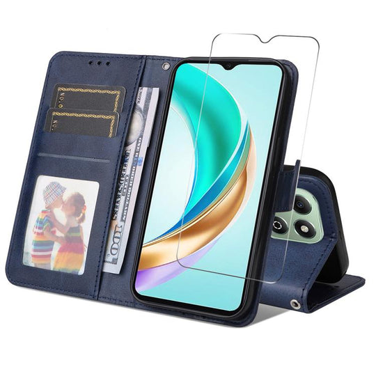 For Honor X6c 4G / X6b 4G ENKAY Card Wallet Calf Texture Leather Phone Case with Screen Film(Blue)