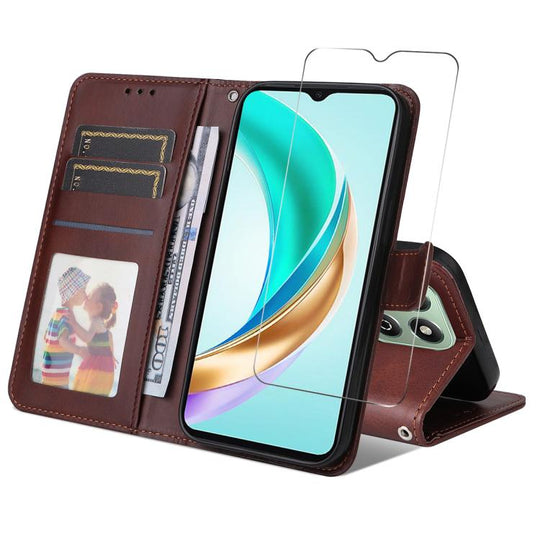 For Honor X6c 4G / X6b 4G ENKAY Card Wallet Calf Texture Leather Phone Case with Screen Film(Brown)