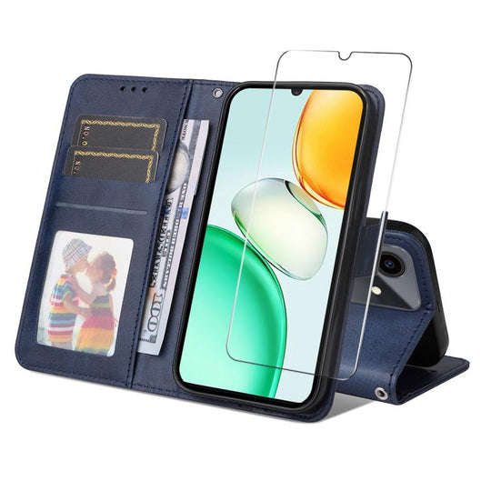 For Honor Play10 4G Global ENKAY Card Wallet Calf Texture Leather Phone Case with Screen Film(Blue)