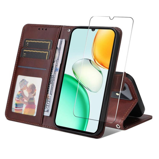 For Honor Play10 4G Global ENKAY Card Wallet Calf Texture Leather Phone Case with Screen Film(Brown)