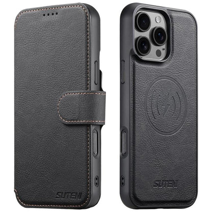 For iPhone 16 Pro Suteni Q05 2-in-1 Multi-function MagSafe Wallet Litchi Leather Phone Case(Black) - iPhone 16 Pro Cases by Suteni | Online Shopping UK | buy2fix