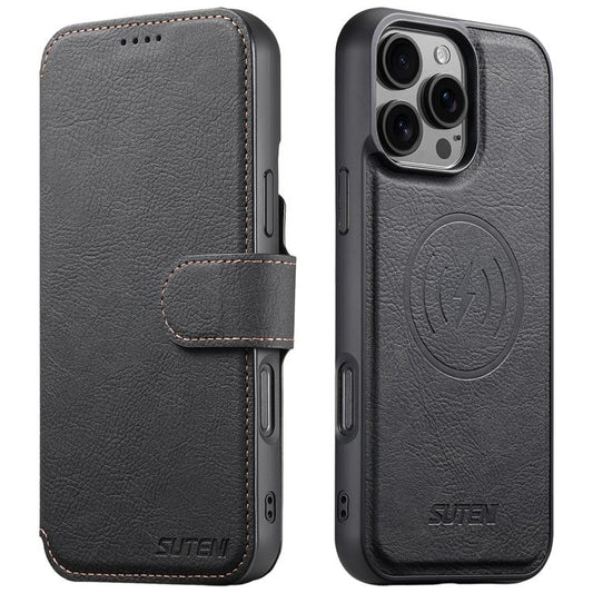 For iPhone 16 Pro Suteni Q05 2-in-1 Multi-function MagSafe Wallet Litchi Leather Phone Case(Black) - iPhone 16 Pro Cases by Suteni | Online Shopping UK | buy2fix