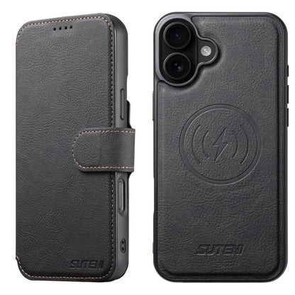 For iPhone 16 Plus Suteni Q05 2-in-1 Multi-function MagSafe Wallet Litchi Leather Phone Case(Black) - iPhone 16 Plus Cases by Suteni | Online Shopping UK | buy2fix