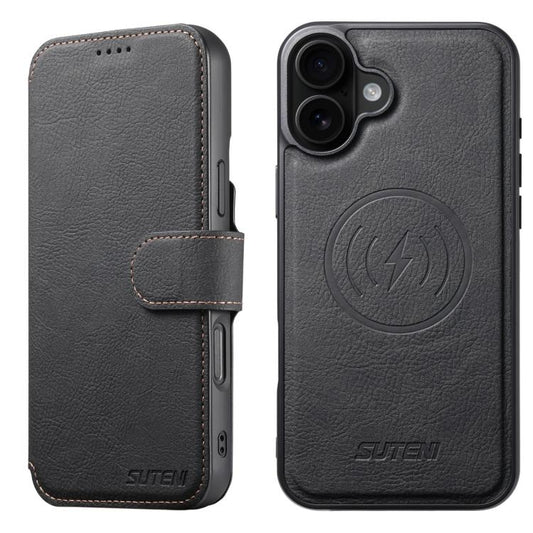 For iPhone 16 Plus Suteni Q05 2-in-1 Multi-function MagSafe Wallet Litchi Leather Phone Case(Black) - iPhone 16 Plus Cases by Suteni | Online Shopping UK | buy2fix